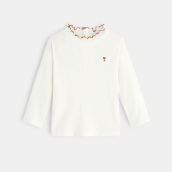 تيشيرت بناتي أبيض بياقة مضلعة ومسطحة